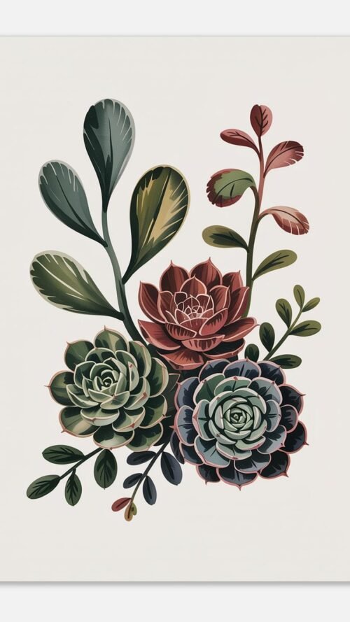 Affiche Composition succulentes, tirage botanique japandi à encadrer, format A4 à A1
