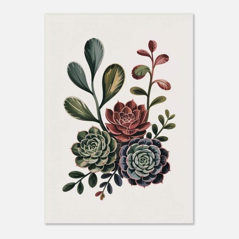 Affiche Composition succulentes, tirage botanique japandi à encadrer, format A4 à A1