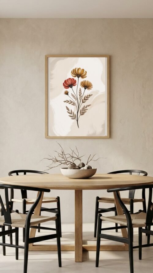 Affiche Composition fleurs séchées – tirage japandi encadré, en situation dans un intérieur