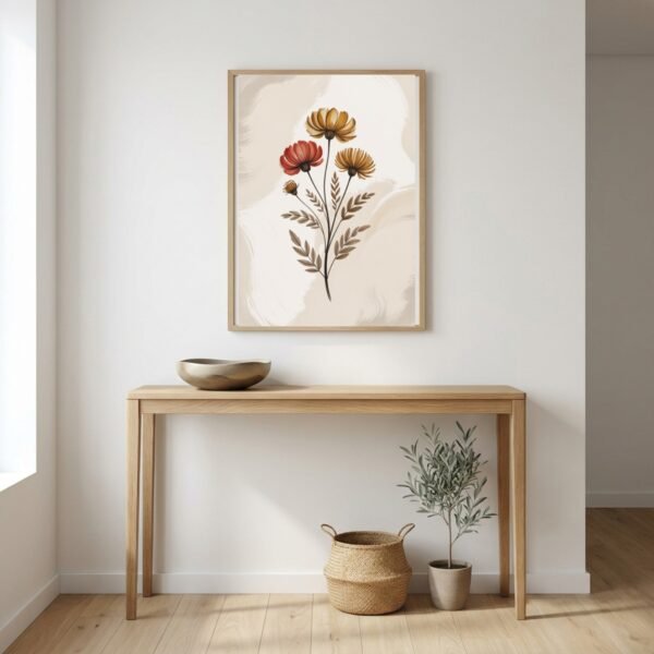 Affiche murale Composition fleurs séchées accrochée au mur, tirage botanique japandi