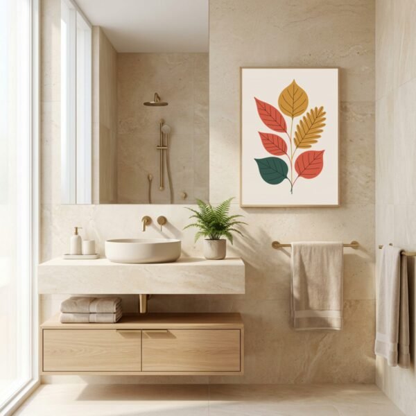 Affiche Composition feuilles d'automne – tirage minimaliste encadré, en situation dans un intérieur