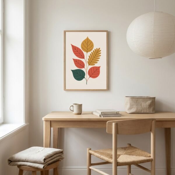 Affiche murale Composition feuilles d'automne accrochée au mur, tirage botanique minimaliste