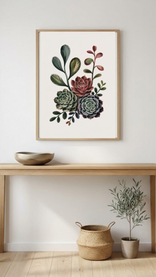 Affiche Composition succulentes – tirage japandi encadré, en situation dans un intérieur
