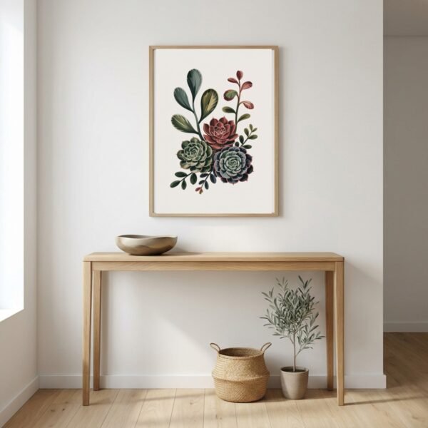 BOT-COM-000104-mockup-1.jpg Affiche Composition succulentes – tirage japandi encadré, en situation dans un intérieur