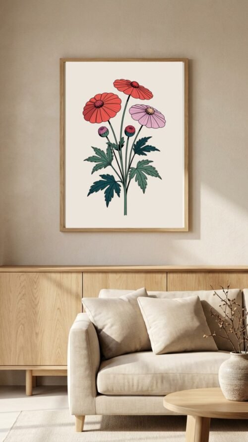 Affiche Composition ombellifères – tirage minimaliste encadré, en situation dans un intérieur