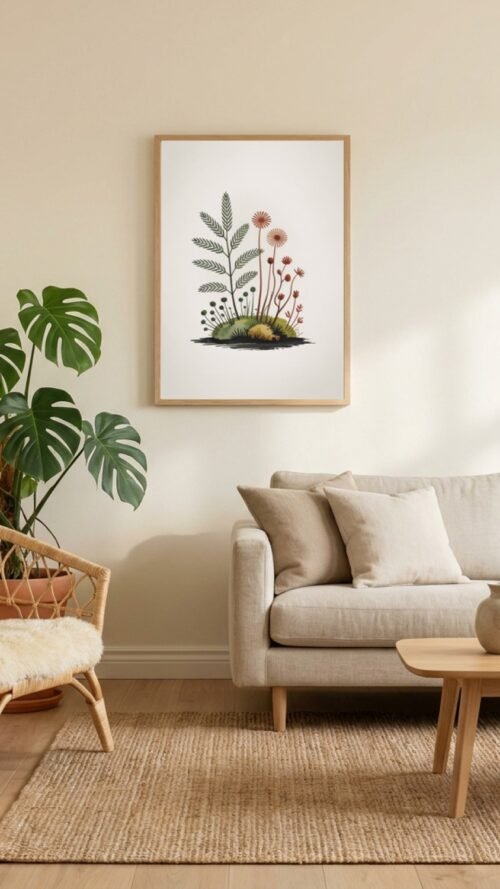 Affiche Composition mousses – tirage japandi encadré, en situation dans un intérieur
