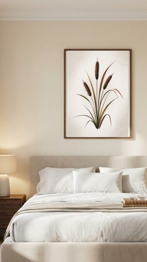 Affiche Composition roseaux – tirage japandi encadré, en situation dans un intérieur
