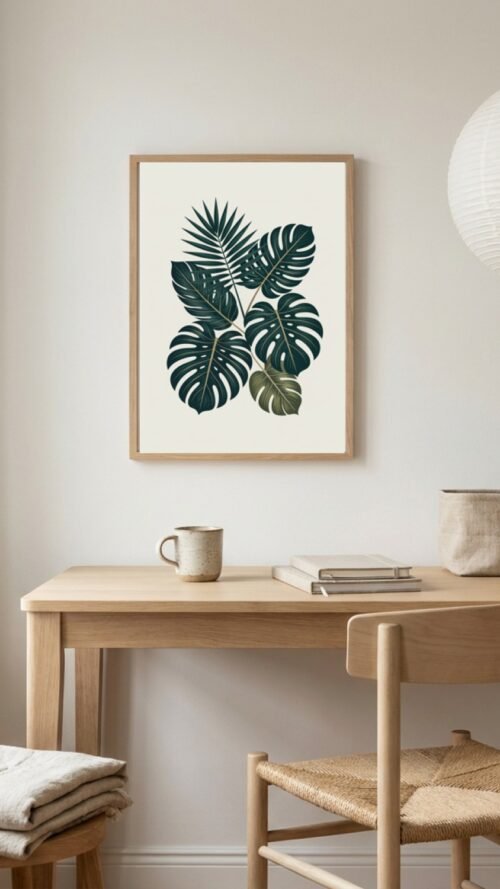 Affiche Composition feuilles tropicales – tirage contemporain encadré, en situation dans un intérieur