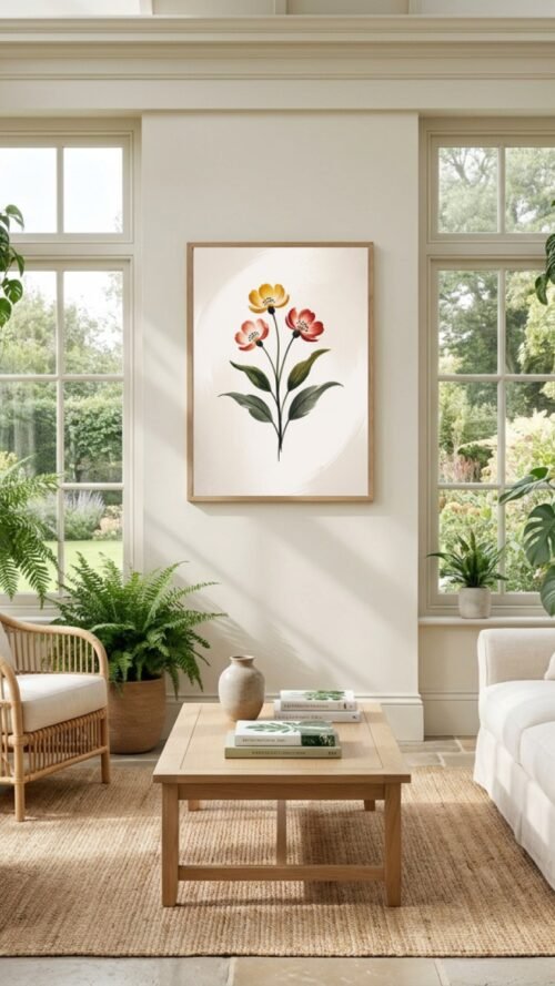 Affiche Composition fleurs de printemps – tirage japandi encadré, en situation dans un intérieur