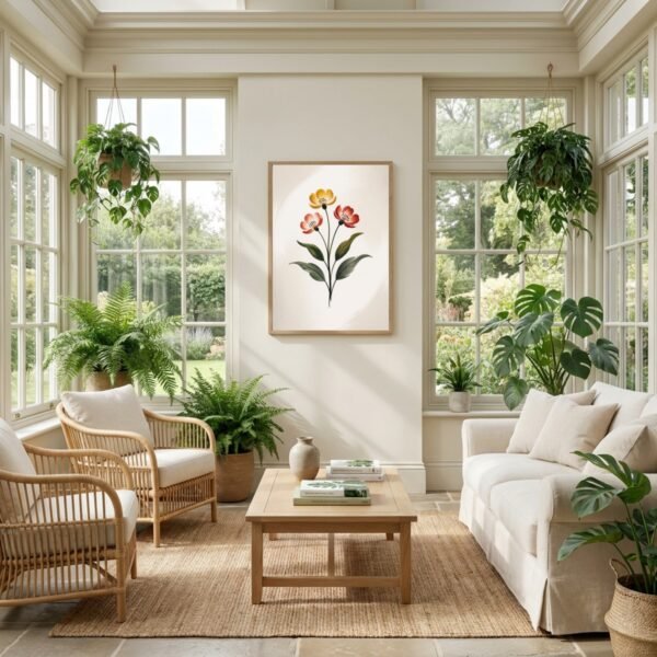 Affiche Composition fleurs de printemps – tirage japandi encadré, en situation dans un intérieur