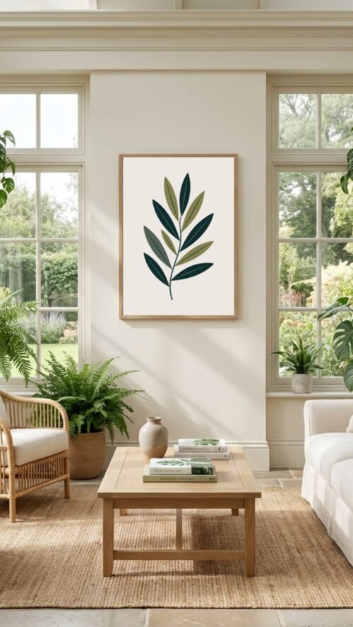 Affiche Composition rameaux d'olivier – tirage contemporain encadré, en situation dans un intérieur