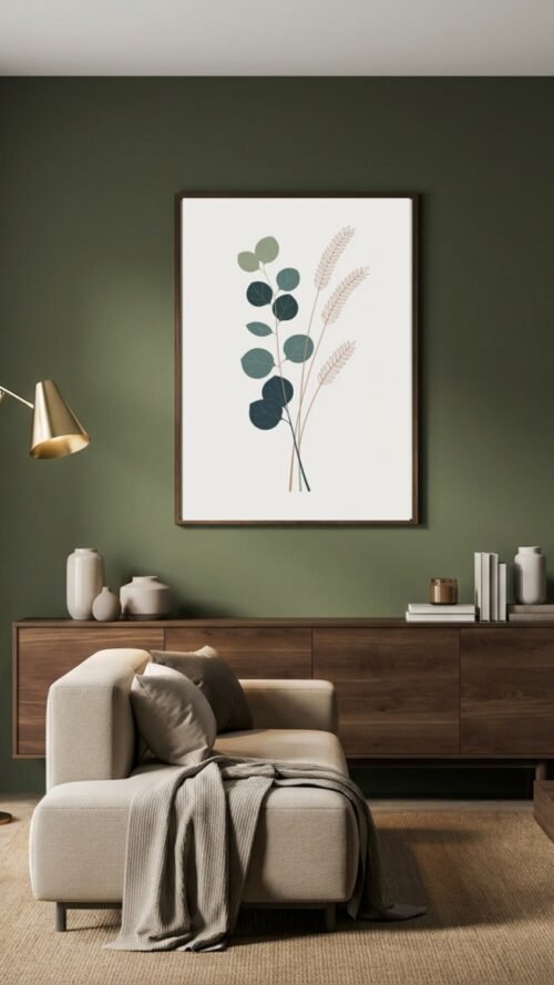 Affiche Composition eucalyptus et graminées – tirage minimaliste encadré, en situation dans un intérieur