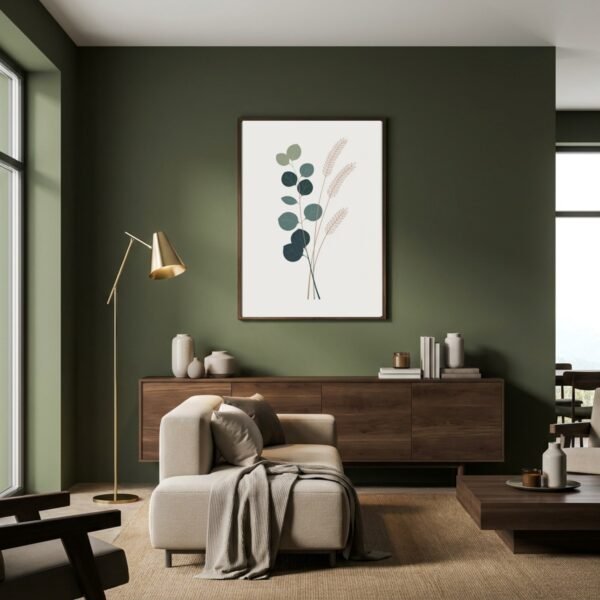 BOT-COM-000118-mockup-1.jpg Affiche Composition eucalyptus et graminées – tirage minimaliste encadré, en situation dans un intérieur