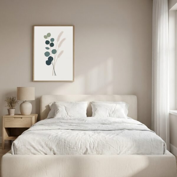 BOT-COM-000118-mockup-2.jpg Affiche murale Composition eucalyptus et graminées accrochée au mur, tirage botanique minimaliste