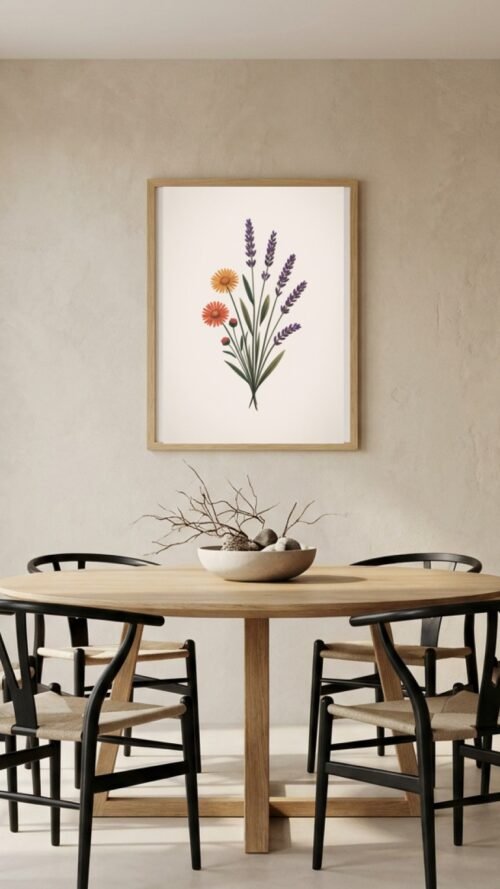 Affiche Composition lavande et immortelle – tirage japandi encadré, en situation dans un intérieur
