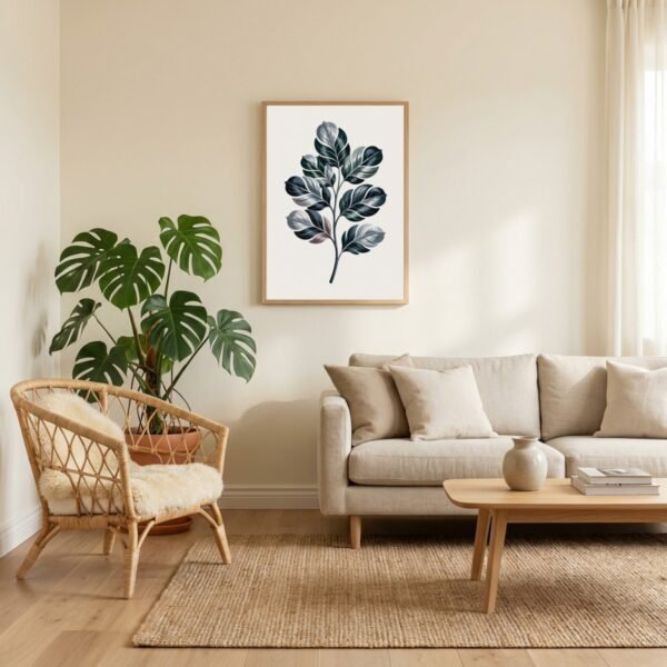 BOT-COM-000120-mockup-1.jpg Affiche Composition feuillages argentés – tirage contemporain encadré, en situation dans un intérieur