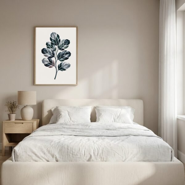 BOT-COM-000120-mockup-2.jpg Affiche murale Composition feuillages argentés accrochée au mur, tirage botanique contemporain