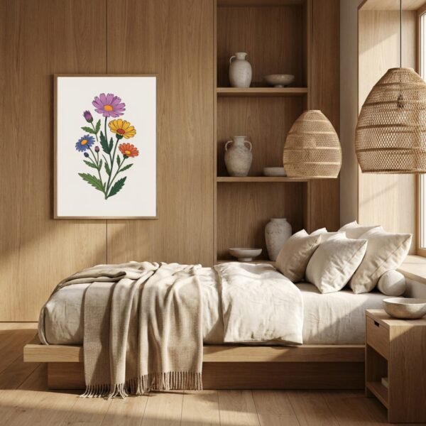 Affiche Composition fleurs sauvages – tirage minimaliste encadré, en situation dans un intérieur
