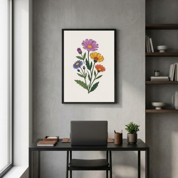 Affiche murale Composition fleurs sauvages accrochée au mur, tirage botanique minimaliste