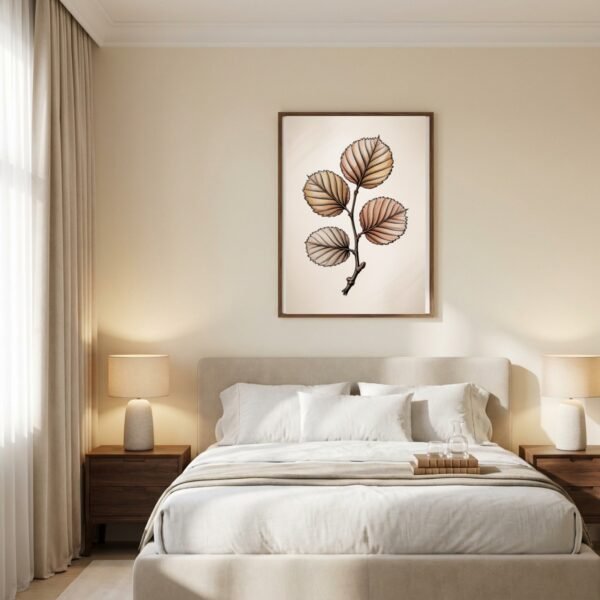 BOT-FEU-000109-mockup-2.jpg Affiche murale Noisetier accrochée au mur, tirage botanique japandi