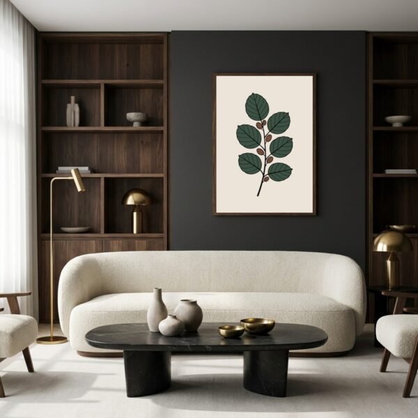 BOT-FEU-000114-mockup-2.jpg Affiche murale Aulne accrochée au mur, tirage botanique minimaliste