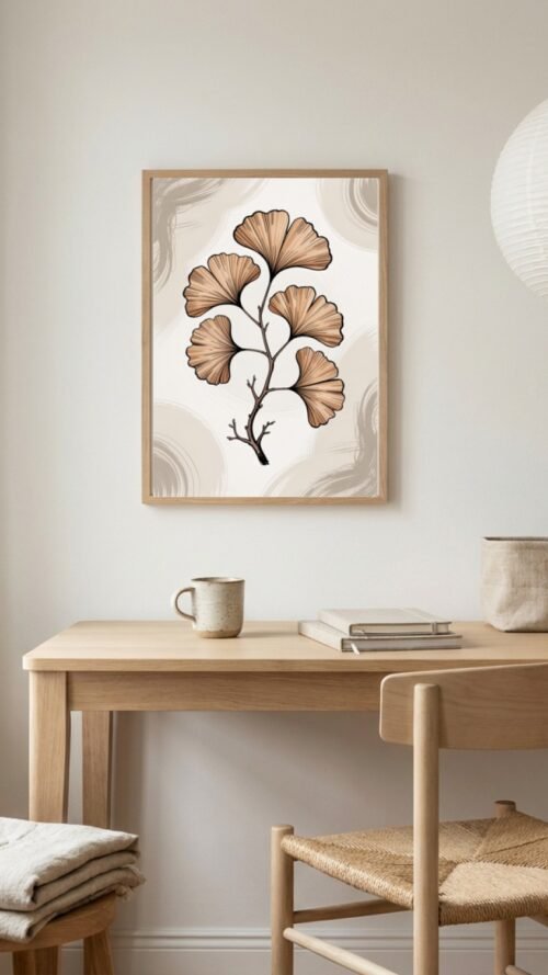 Affiche Ginkgo – tirage japandi encadré, en situation dans un intérieur