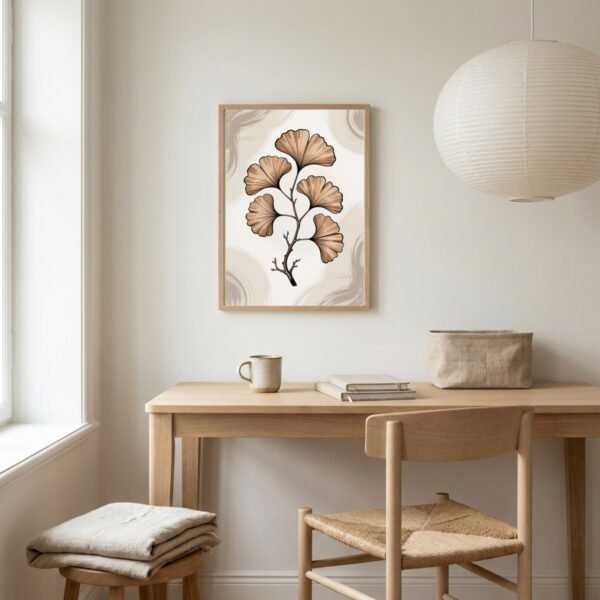 Affiche Ginkgo – tirage japandi encadré, en situation dans un intérieur