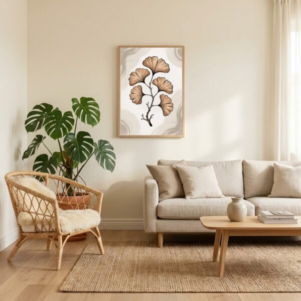 Affiche murale Ginkgo accrochée au mur, tirage botanique japandi