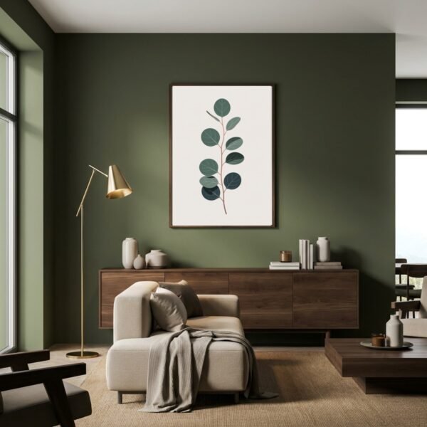 Affiche murale Eucalyptus accrochée au mur, tirage botanique minimaliste