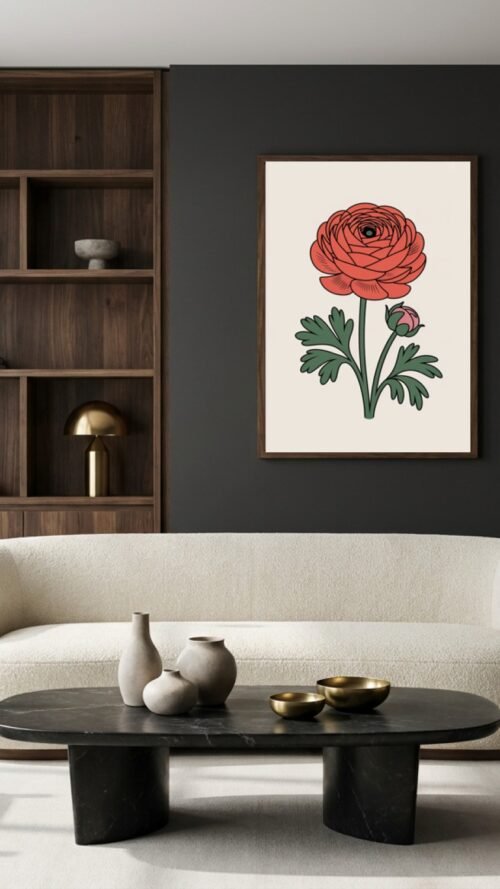 Affiche Renoncule – tirage minimaliste encadré, en situation dans un intérieur