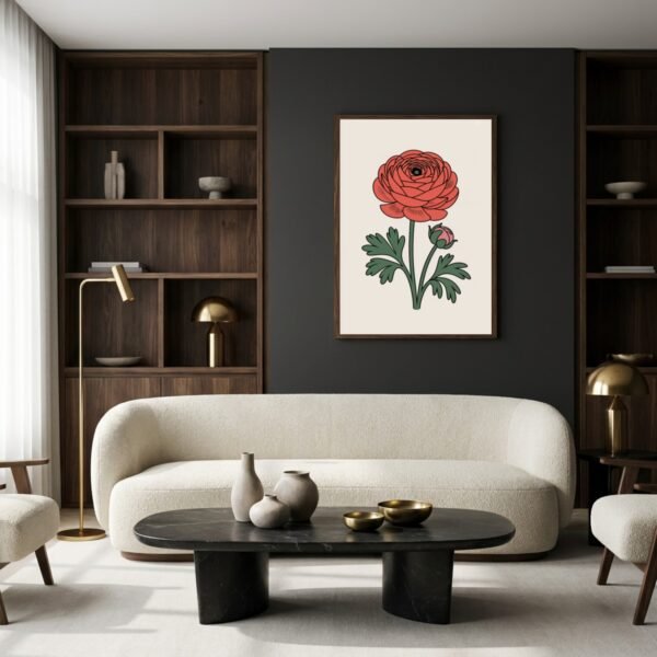 Affiche Renoncule – tirage minimaliste encadré, en situation dans un intérieur