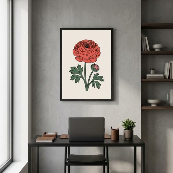Affiche murale Renoncule accrochée au mur, tirage botanique minimaliste