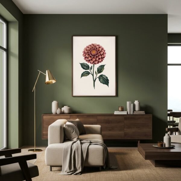 Affiche murale Dahlia accrochée au mur, tirage botanique japandi