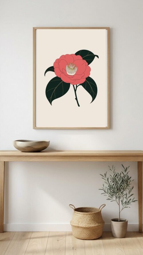 Affiche Camélia – tirage minimaliste encadré, en situation dans un intérieur
