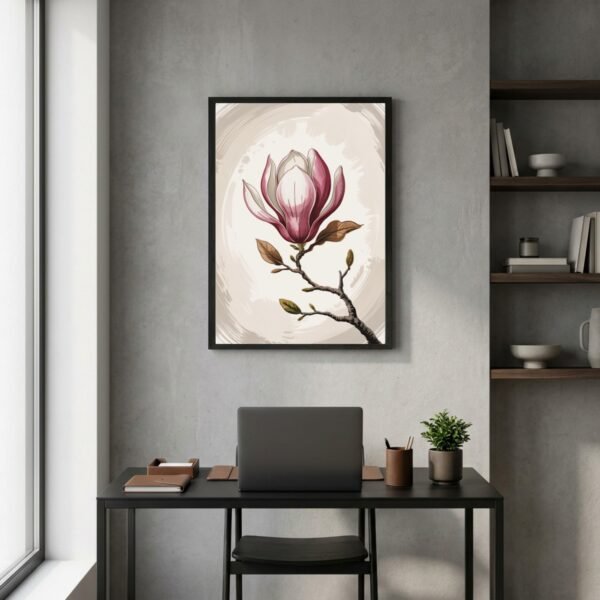 Affiche murale Magnolia accrochée au mur, tirage botanique japandi