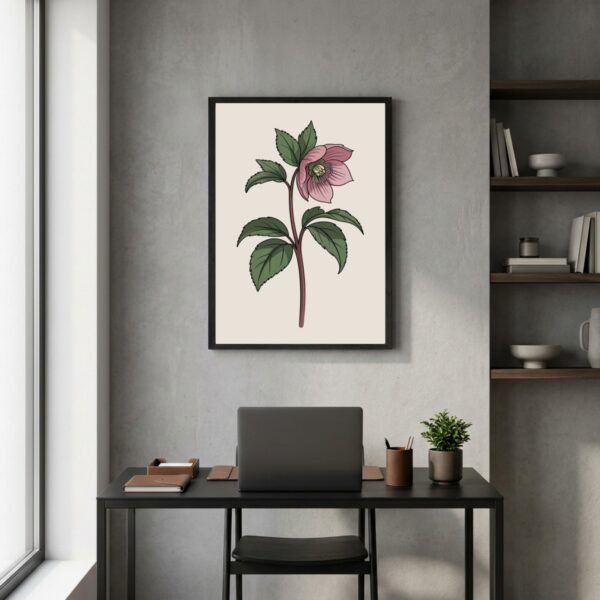 Affiche murale Hellébore accrochée au mur, tirage botanique minimaliste
