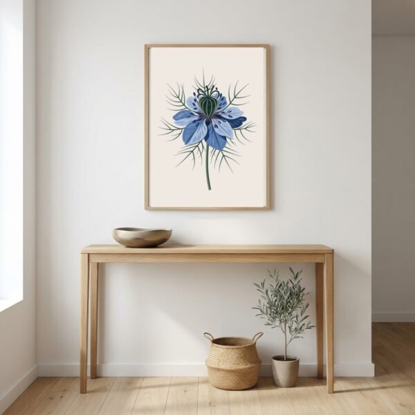 Affiche murale Nigelle accrochée au mur, tirage botanique contemporain