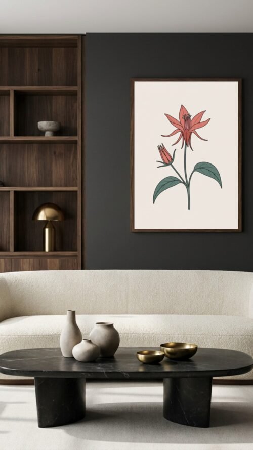 Affiche Ancolie – tirage minimaliste encadré, en situation dans un intérieur