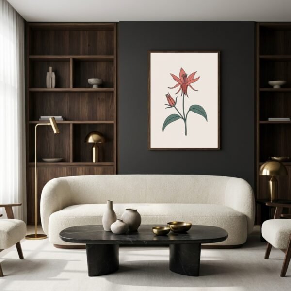 Affiche Ancolie – tirage minimaliste encadré, en situation dans un intérieur
