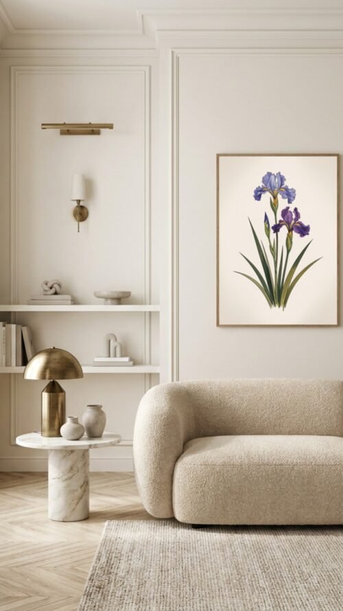 Affiche Iris de Sibérie – tirage japandi encadré, en situation dans un intérieur
