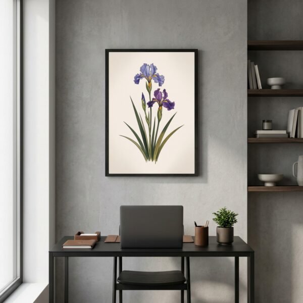 Affiche murale Iris de Sibérie accrochée au mur, tirage botanique japandi
