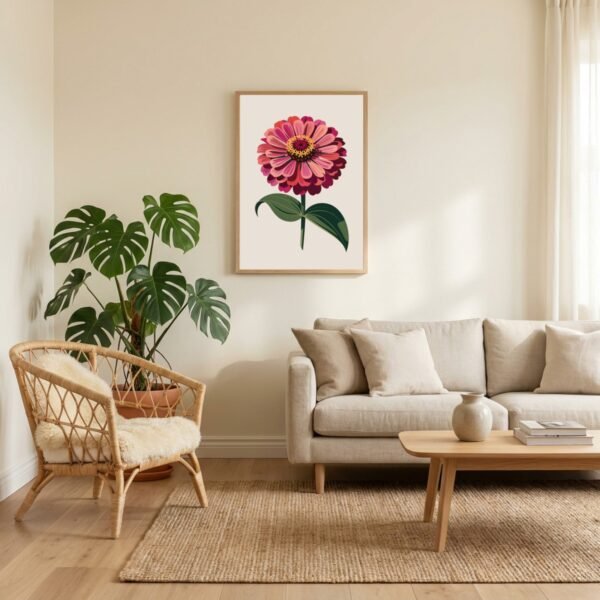 Affiche murale Zinnia accrochée au mur, tirage botanique contemporain