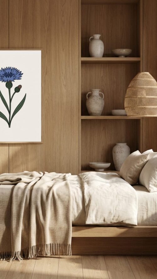 Affiche Bleuet – tirage minimaliste encadré, en situation dans un intérieur