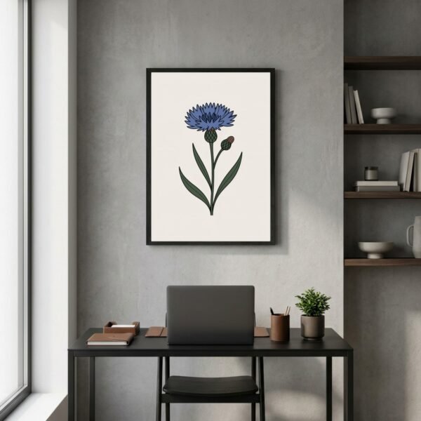 Affiche murale Bleuet accrochée au mur, tirage botanique minimaliste