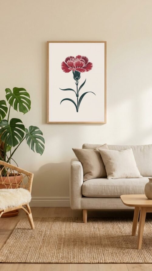Affiche Œillet – tirage minimaliste encadré, en situation dans un intérieur