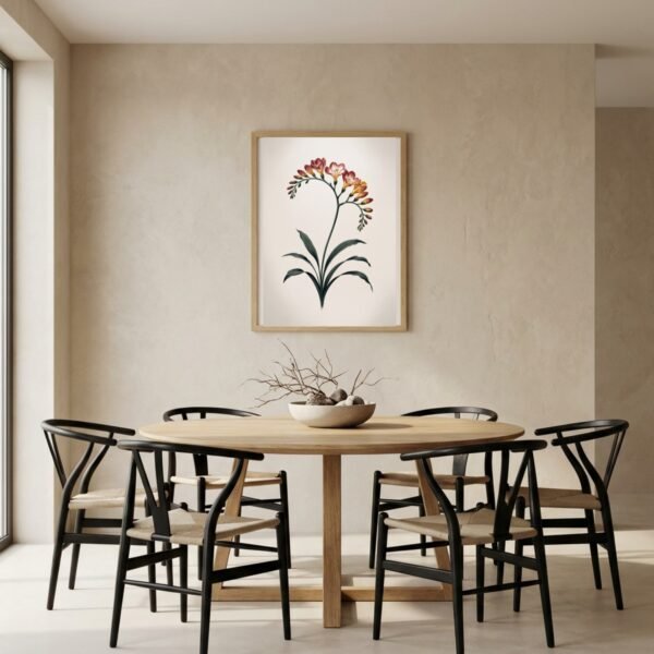 Affiche murale Freesia accrochée au mur, tirage botanique japandi