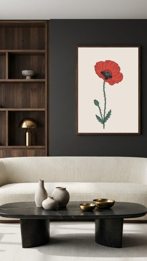 Affiche Coquelicot – tirage minimaliste encadré, en situation dans un intérieur