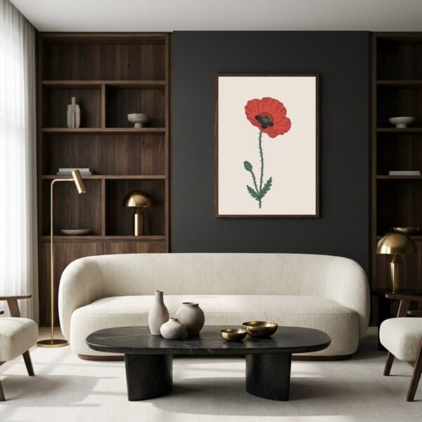 Affiche Coquelicot – tirage minimaliste encadré, en situation dans un intérieur