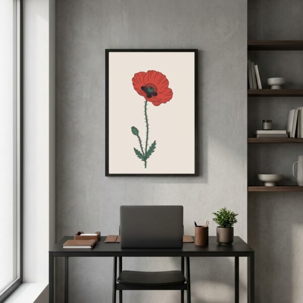 Affiche murale Coquelicot accrochée au mur, tirage botanique minimaliste