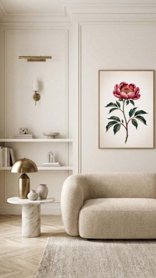 Affiche Pivoine – tirage japandi encadré, en situation dans un intérieur